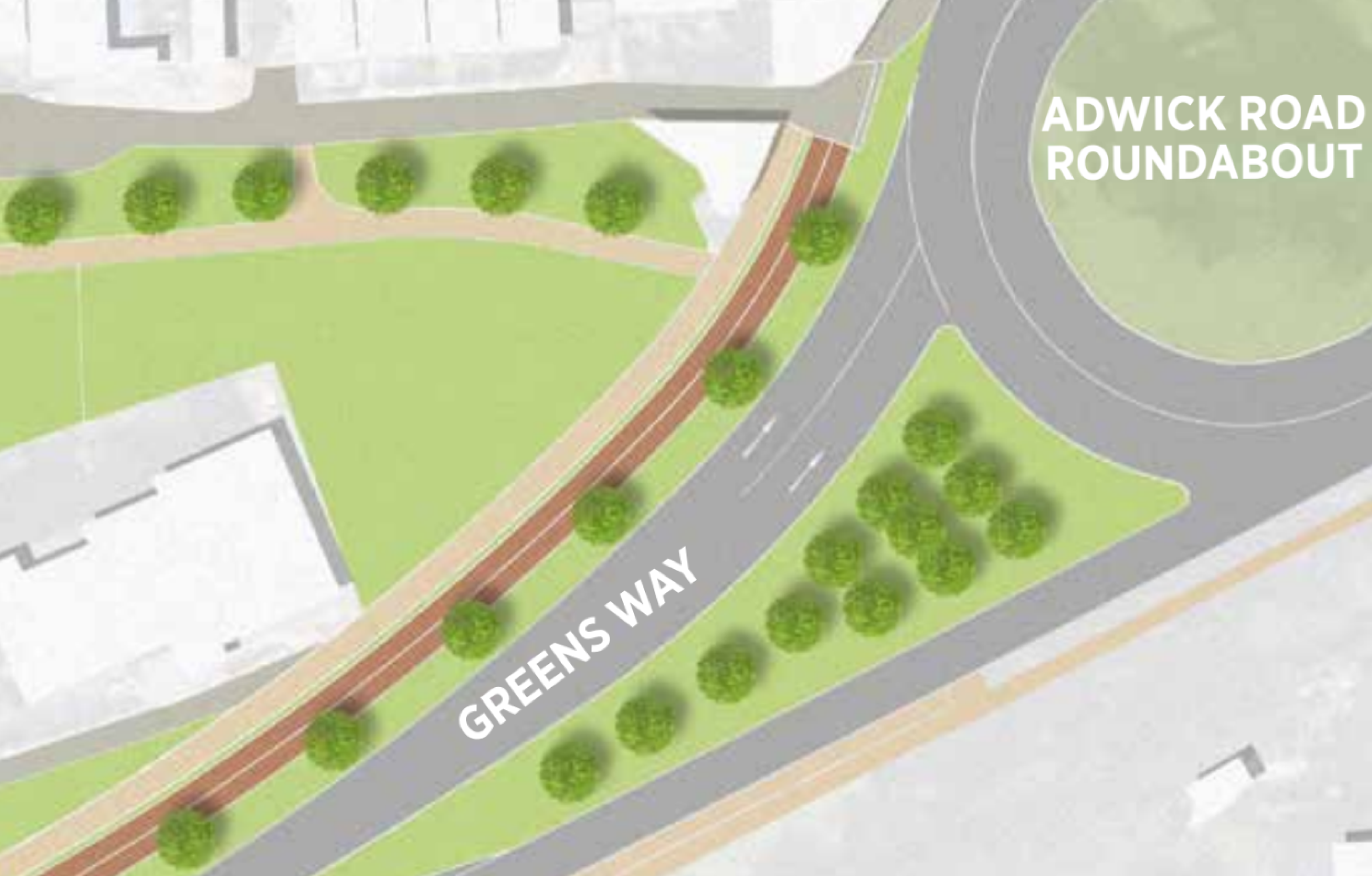 Eastern end of Greens Way, approach to Adwick Road Roundabout